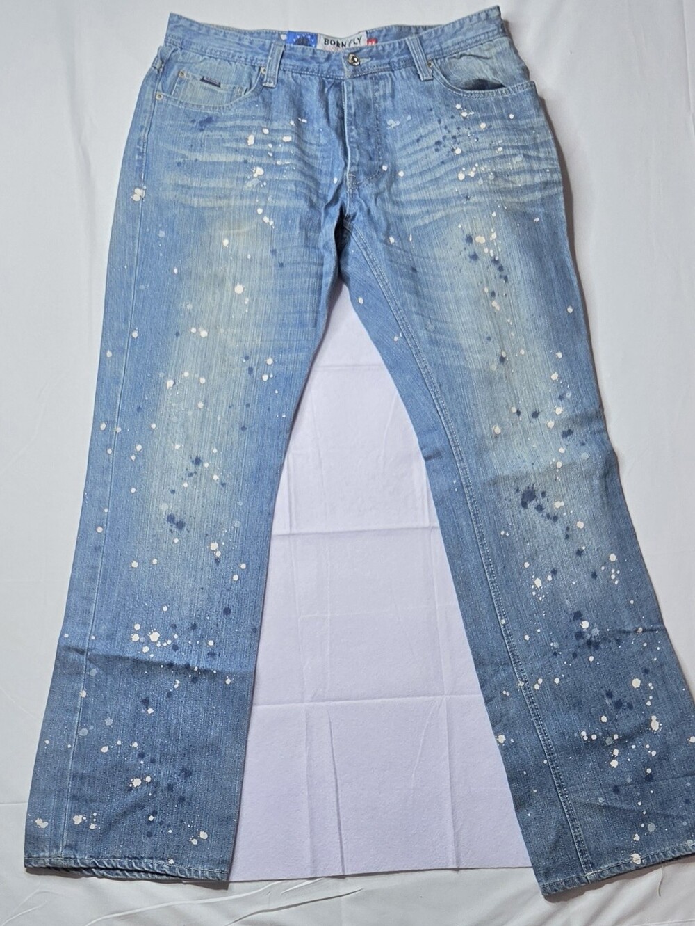 Born Fly Paint Splatter Distressed Jeans Light Blue Straight Leg 34x33.5